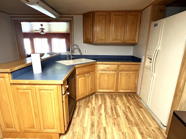 257 N Ave, Skowhegan, ME 04976 - kitchen with white refrigerator with ice dispenser, light wood-style flooring, a peninsula, a ceiling fan, and black dishwasher