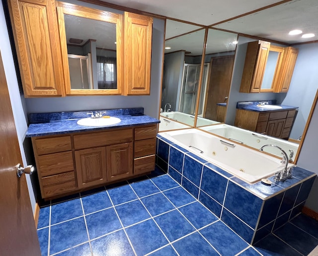 257 N Ave, Skowhegan, ME 04976 - full bathroom featuring a stall shower, vanity, a whirlpool tub, tile patterned flooring, and recessed lighting