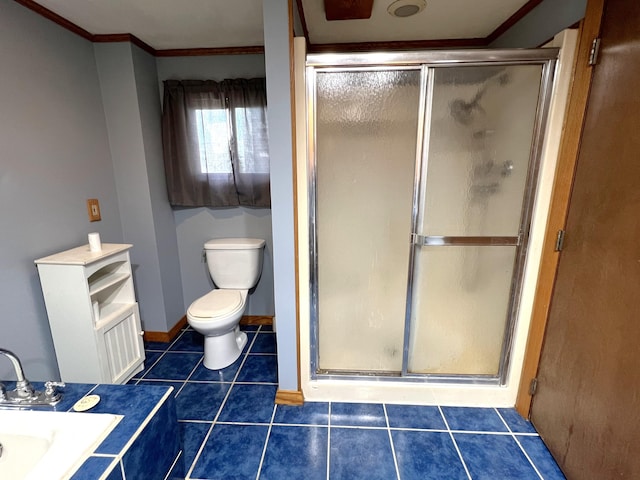 257 N Ave, Skowhegan, ME 04976 - full bathroom featuring a shower stall, ornamental molding, and tile patterned floors