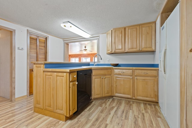 257 N Ave, Skowhegan, ME 04976 - kitchen featuring black dishwasher, white fridge with ice dispenser, light wood-style flooring, a textured ceiling, and a peninsula