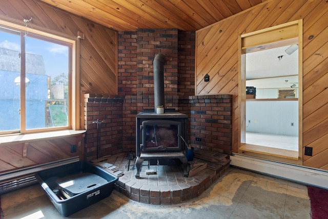 257 N Ave, Skowhegan, ME 04976 - detailed view of a wood stove, wood walls, wood ceiling, and a baseboard radiator