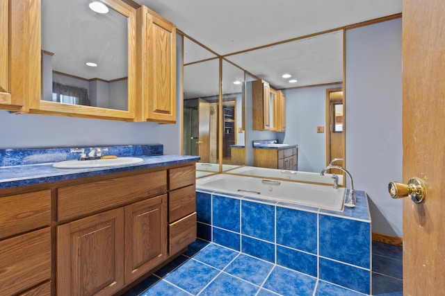 257 N Ave, Skowhegan, ME 04976 - bathroom featuring tile patterned flooring, two vanities, and a jetted tub