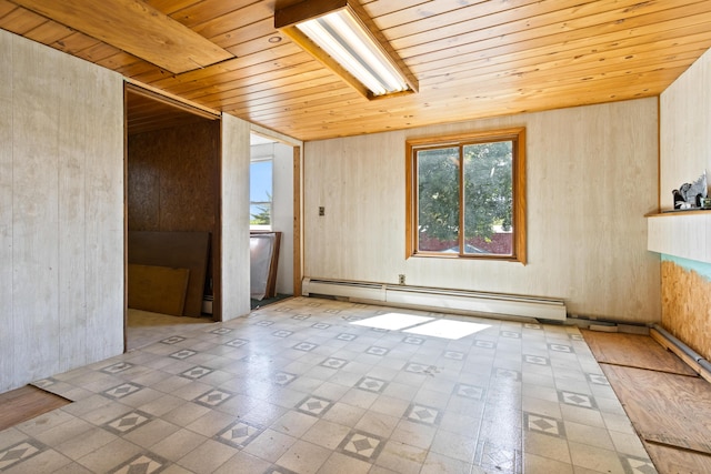 257 N Ave, Skowhegan, ME 04976 - empty room featuring baseboard heating, wooden ceiling, and tile patterned floors