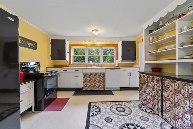 1548 Main St, Readfield, ME 04355 - kitchen with black appliances, white cabinetry, open shelves, and crown molding