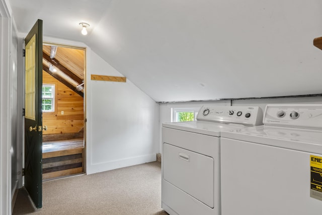 1548 Main St, Readfield, ME 04355 - washroom with washer and clothes dryer, healthy amount of natural light, carpet, and wooden walls