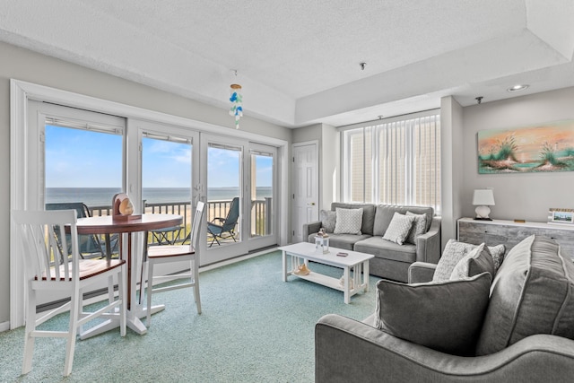 1 Saunders Ave Unit 12, Old Orchard Beach, ME 04064 - living area featuring carpet flooring, a water view, and a textured ceiling