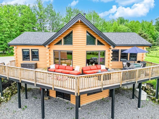 1277 Naples Rd, Harrison, ME 04040 - rear view of property with an outdoor hangout area, log siding, and a shingled roof