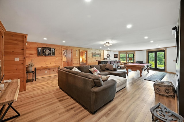 1277 Naples Rd, Harrison, ME 04040 - living room featuring billiards table, recessed lighting, light wood-style floors, and wooden walls