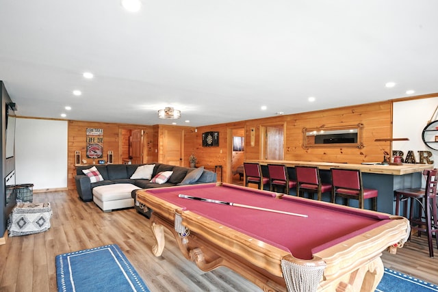 1277 Naples Rd, Harrison, ME 04040 - recreation room featuring wood walls, recessed lighting, wood finished floors, and billiards table