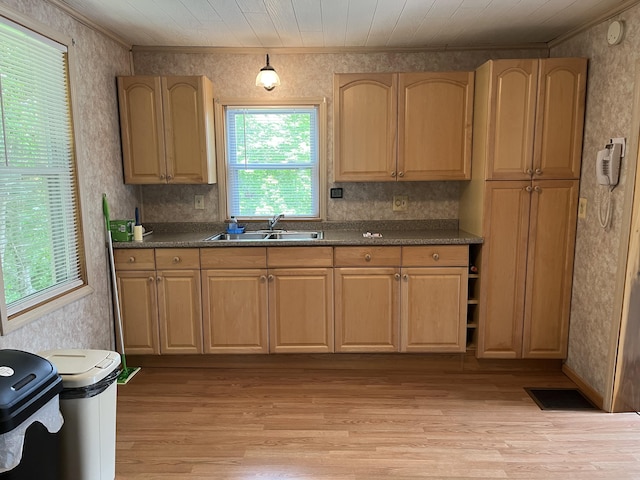406 Cushman Rd, Winslow, ME 04901 - kitchen featuring wallpapered walls, ornamental molding, dark countertops, light wood-style flooring, and light brown cabinetry