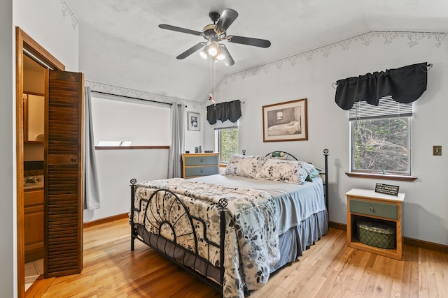 8 Holbrook Dr, Phippsburg, ME 04562 - bedroom featuring vaulted ceiling, wood-type flooring, and ceiling fan