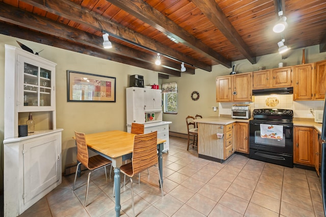 8 Holbrook Dr, Phippsburg, ME 04562 - kitchen with electric range, under cabinet range hood, light tile patterned floors, light countertops, and a wooden ceiling with exposed beams