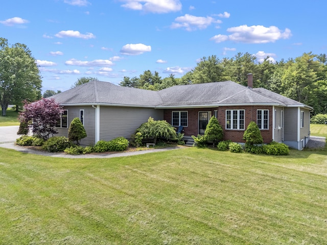 96 Frost Hill Ave, Lisbon, ME 04252 - single story home with a front yard, brick siding, and a chimney
