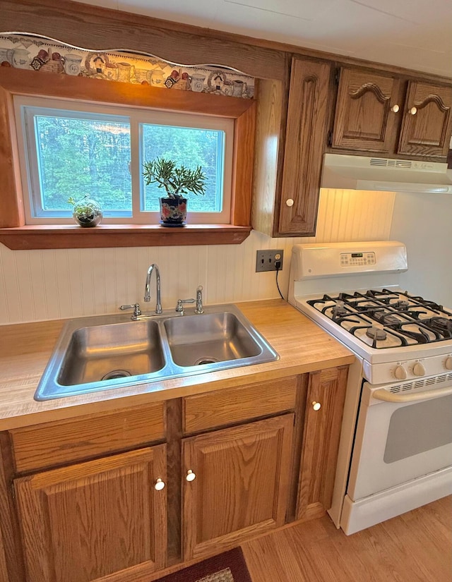 1190 Indian River Rd, Addison, ME 04606 - kitchen featuring gas range gas stove, under cabinet range hood, light countertops, light wood finished floors, and brown cabinets