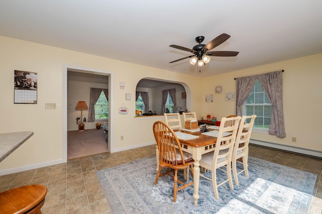 119 Somersworth Rd, North Berwick, ME 03906 - dining area featuring a baseboard heating unit, ceiling fan, and arched walkways