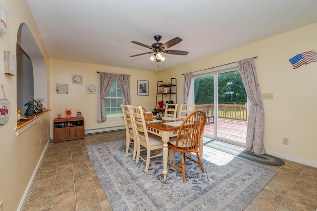 119 Somersworth Rd, North Berwick, ME 03906 - dining area with a baseboard radiator, a ceiling fan, and arched walkways