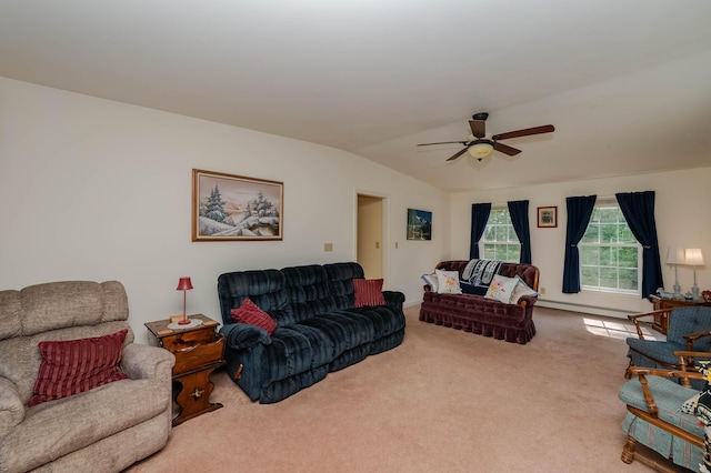 119 Somersworth Rd, North Berwick, ME 03906 - carpeted living room featuring vaulted ceiling and a ceiling fan