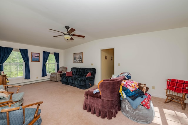 119 Somersworth Rd, North Berwick, ME 03906 - living area with carpet floors, lofted ceiling, a ceiling fan, and baseboard heating