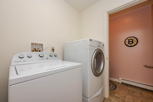 119 Somersworth Rd, North Berwick, ME 03906 - laundry room with washer and clothes dryer, a baseboard radiator, and tile patterned floors