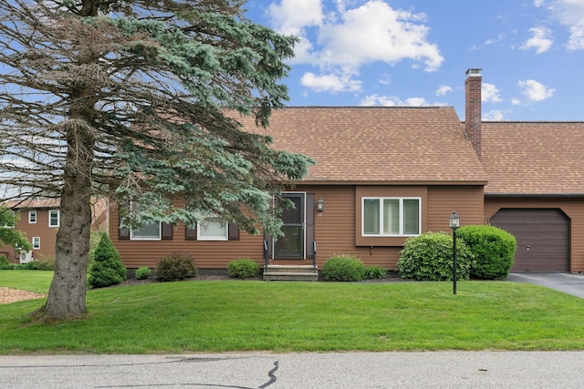 11 Concord Pl Unit 21, Auburn, ME 04210 - view of front facade with a garage, driveway, a front lawn, and a chimney