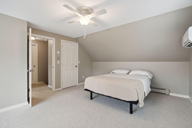 11 Concord Pl Unit 21, Auburn, ME 04210 - bedroom with light carpet, vaulted ceiling, a baseboard heating unit, a wall mounted air conditioner, and a ceiling fan