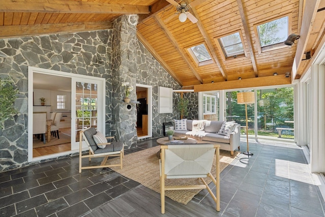 3 Tidewater Cv, Falmouth, ME 04105 - sunroom / solarium with a wood ceiling with exposed beams, high vaulted ceiling, plenty of natural light, and a skylight