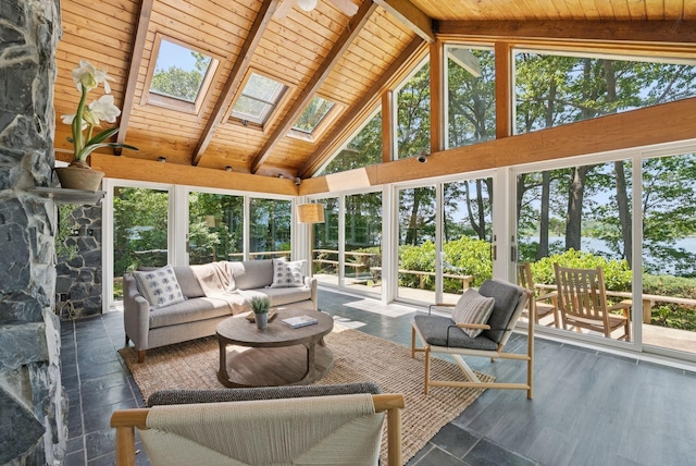 3 Tidewater Cv, Falmouth, ME 04105 - sunroom / solarium with a skylight, high vaulted ceiling, and a wood ceiling with exposed beams