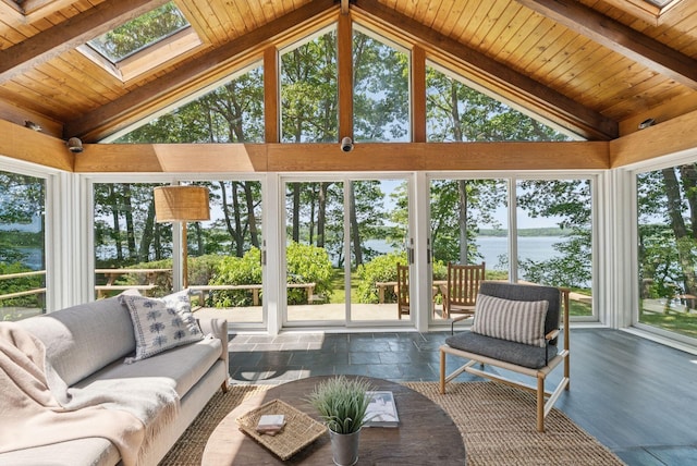 3 Tidewater Cv, Falmouth, ME 04105 - sunroom featuring a skylight, a water view, an outdoor hangout area, and plenty of natural light