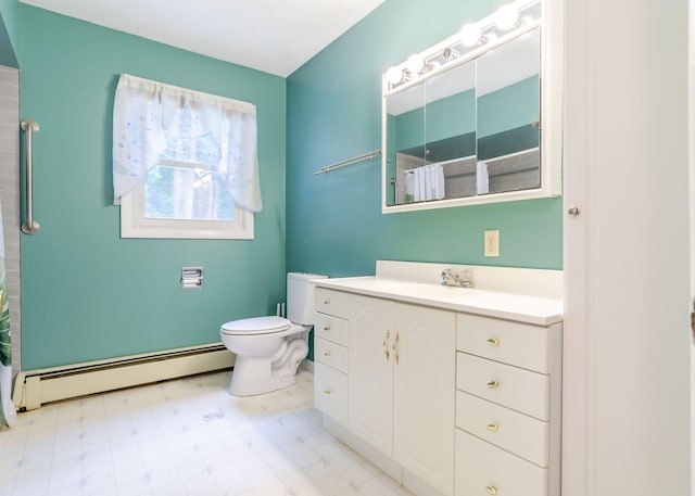 919 College St, Lewiston, ME 04240 - full bathroom with a baseboard radiator, vanity, curtained shower, and tile patterned floors