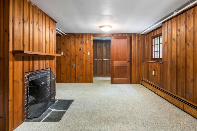 24 Littlejohn Rd, Cape Elizabeth, ME 04107 - unfurnished living room with a baseboard heating unit, carpet, and wood walls