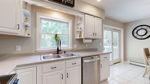 31 Pond Ridge Dr, Lewiston, ME 04240 - kitchen featuring stainless steel dishwasher, open shelves, a baseboard radiator, and white cabinets