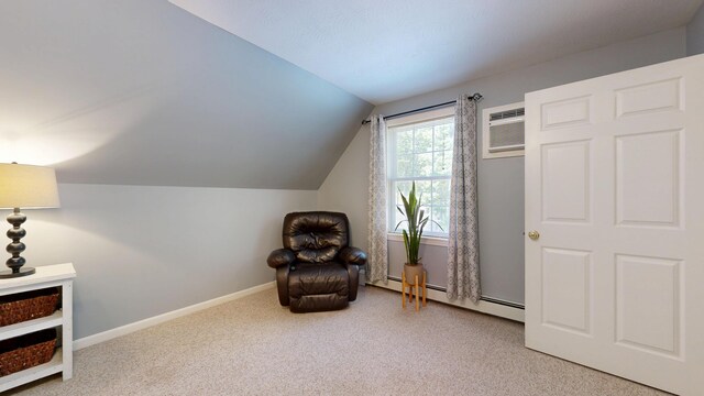 31 Pond Ridge Dr, Lewiston, ME 04240 - sitting room featuring an AC wall unit, a baseboard heating unit, lofted ceiling, and carpet flooring