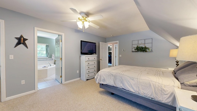 31 Pond Ridge Dr, Lewiston, ME 04240 - bedroom with light colored carpet, ensuite bath, ceiling fan, and vaulted ceiling