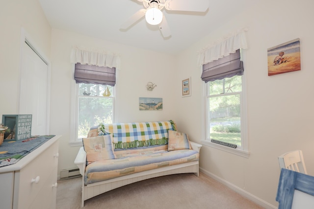 454 Post Rd Unit 464, Wells, ME 04090 - sitting room with a baseboard heating unit, light carpet, and a ceiling fan