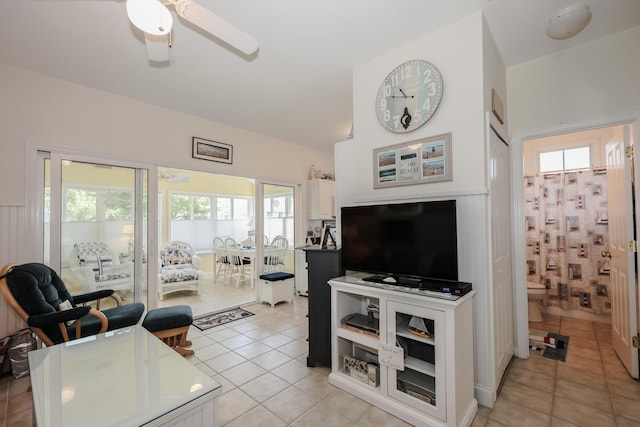 454 Post Rd Unit 464, Wells, ME 04090 - living area featuring light tile patterned floors, a ceiling fan, plenty of natural light, and vaulted ceiling
