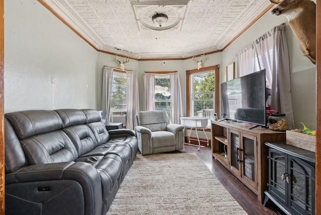 93 Chapel St, South Portland, ME 04106 - living area featuring crown molding, an ornate ceiling, and dark wood-style floors