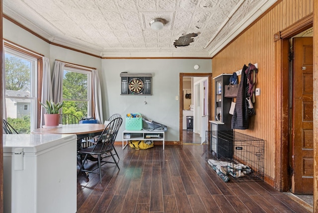 93 Chapel St, South Portland, ME 04106 - office space featuring an ornate ceiling, ornamental molding, dark wood-style floors, and wooden walls