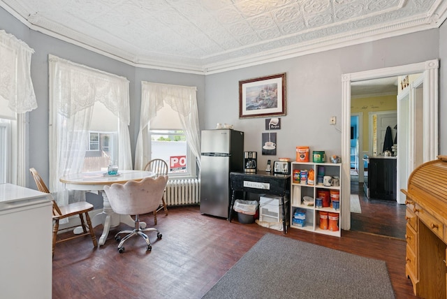 93 Chapel St, South Portland, ME 04106 - office with radiator, an ornate ceiling, crown molding, and wood finished floors