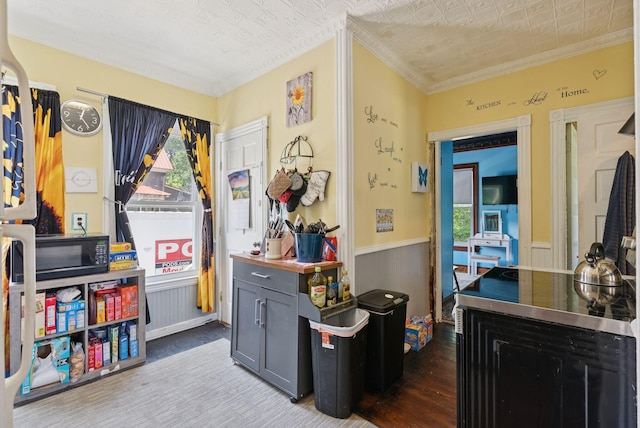 93 Chapel St, South Portland, ME 04106 - rec room with an ornate ceiling, ornamental molding, wainscoting, and wood finished floors