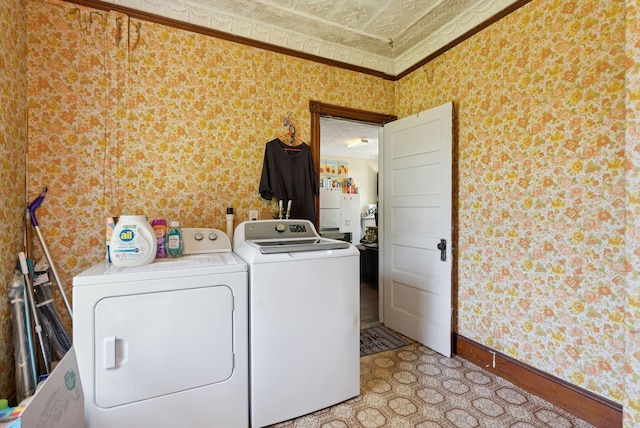93 Chapel St, South Portland, ME 04106 - washroom with wallpapered walls, separate washer and dryer, and ornamental molding