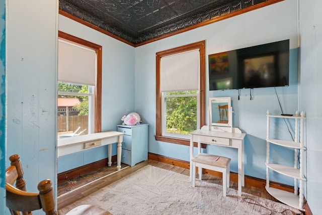 93 Chapel St, South Portland, ME 04106 - office area featuring wood finished floors, an ornate ceiling, and ornamental molding