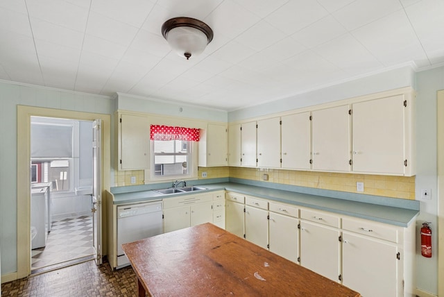 201 Main St, Norway, ME 04268 - kitchen featuring dishwasher, ornamental molding, backsplash, cream cabinets, and light countertops