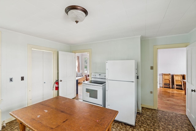 201 Main St, Norway, ME 04268 - kitchen featuring white appliances, tile patterned floors, and crown molding
