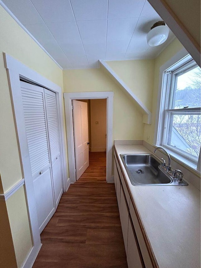 323 Pine St, Dover-Foxcroft, ME 04426 - kitchen with dark wood-type flooring and light countertops