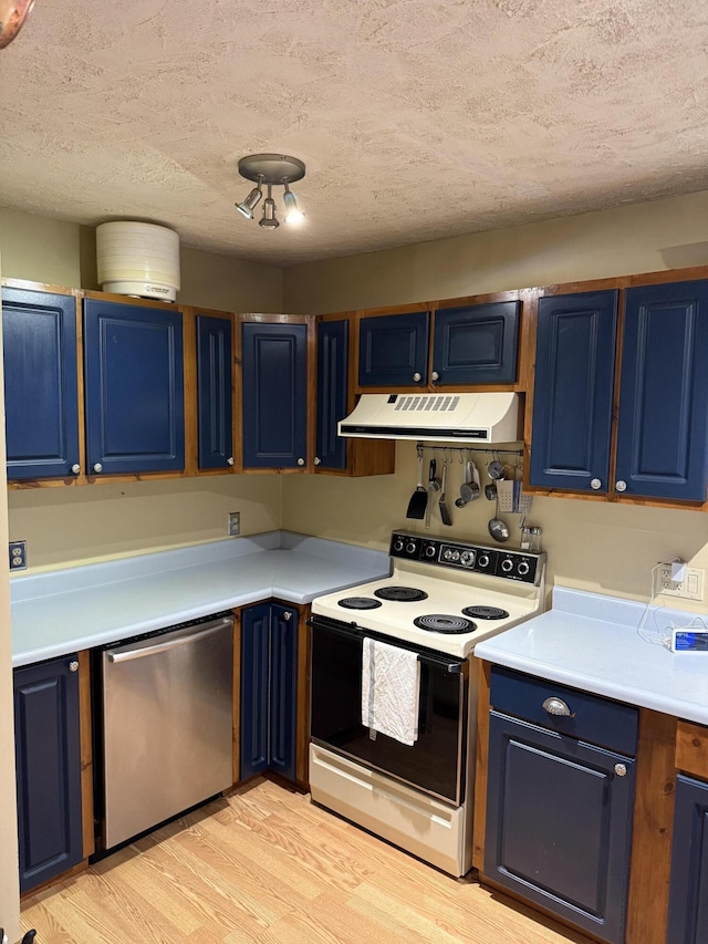 333 Mohawk Rd, Enfield, ME 04493 - kitchen featuring electric range, dishwasher, ventilation hood, blue cabinetry, and a textured ceiling
