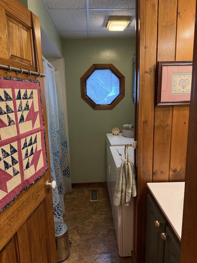 333 Mohawk Rd, Enfield, ME 04493 - full bathroom featuring vanity, a paneled ceiling, and curtained shower
