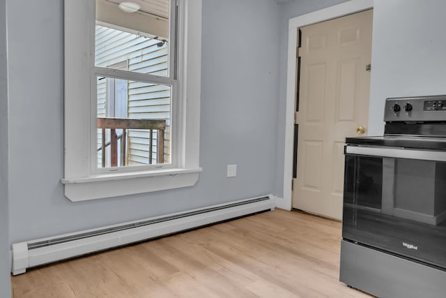 120 Holland St, Lewiston, ME 04240 - kitchen with stainless steel electric range oven, a baseboard radiator, and light wood finished floors