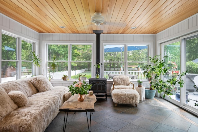 6 Ocean View Dr, Biddeford, ME 04005 - sunroom with a wood stove, wooden ceiling, and stone tile flooring