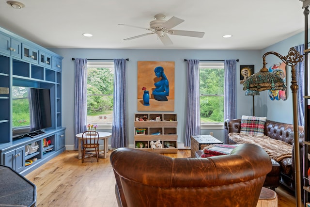 6 Ocean View Dr, Biddeford, ME 04005 - living room featuring healthy amount of natural light, a ceiling fan, light wood-style floors, recessed lighting, and a baseboard radiator