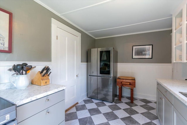 3 Salt Pond Rd, Friendship, ME 04547 - kitchen with smart refrigerator, a wainscoted wall, dark flooring, crown molding, and gray cabinets